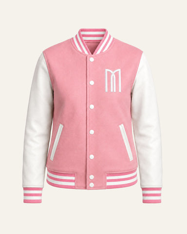 Mohrazi Women's Premium Pink Varsity Jacket Wool Body White Leather Sleeves