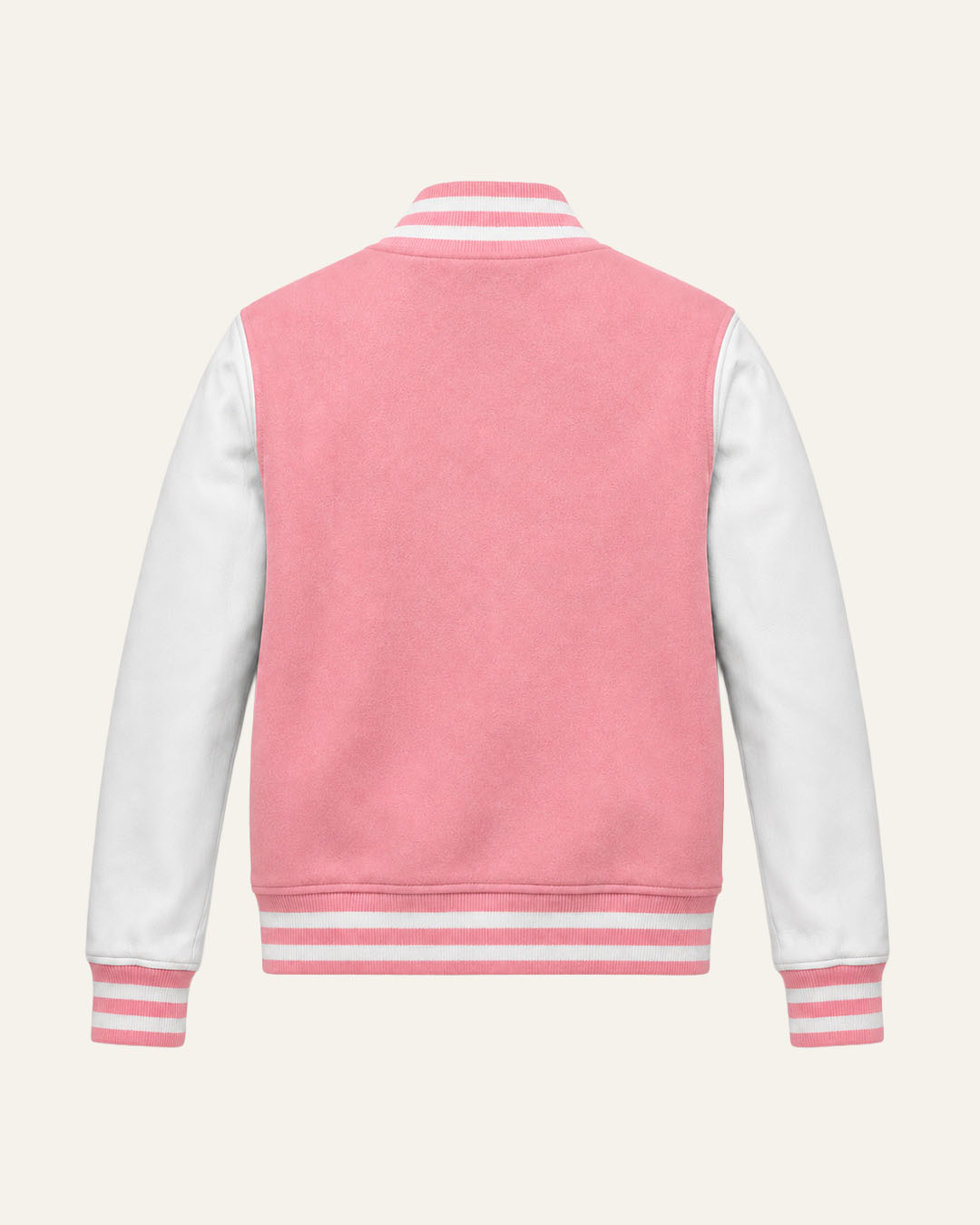 Mohrazi Women's Premium Pink Varsity Jacket Wool Body White Leather Sleeves