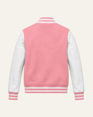 Mohrazi Women's Premium Pink Varsity Jacket Wool Body White Leather Sleeves