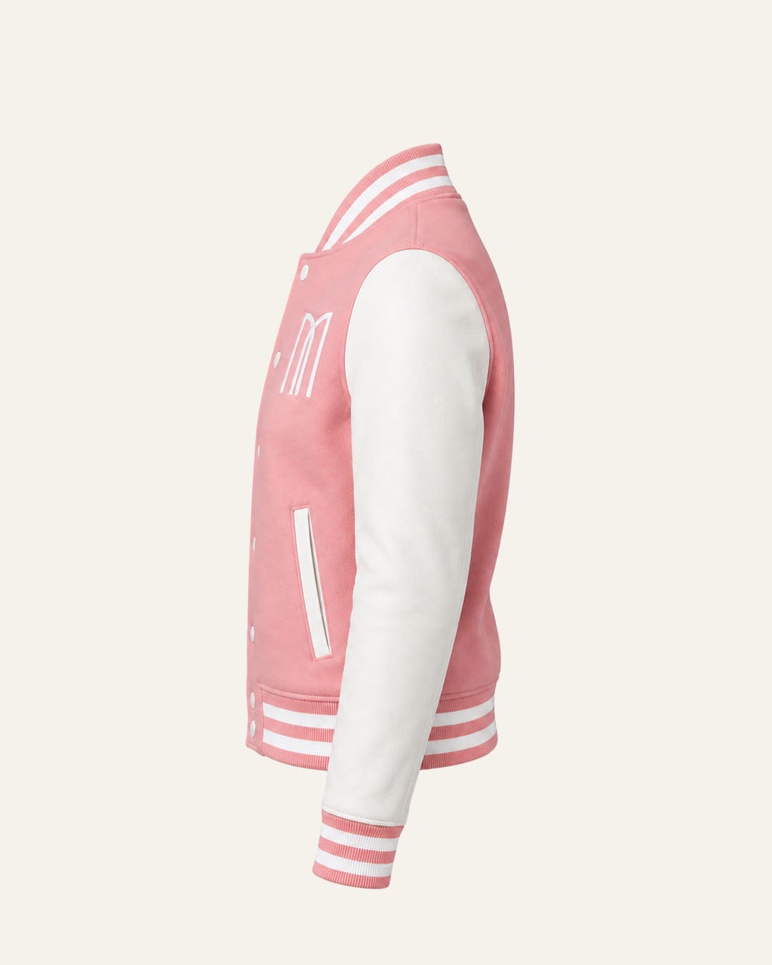 Mohrazi Women's Premium Pink Varsity Jacket Wool Body White Leather Sleeves