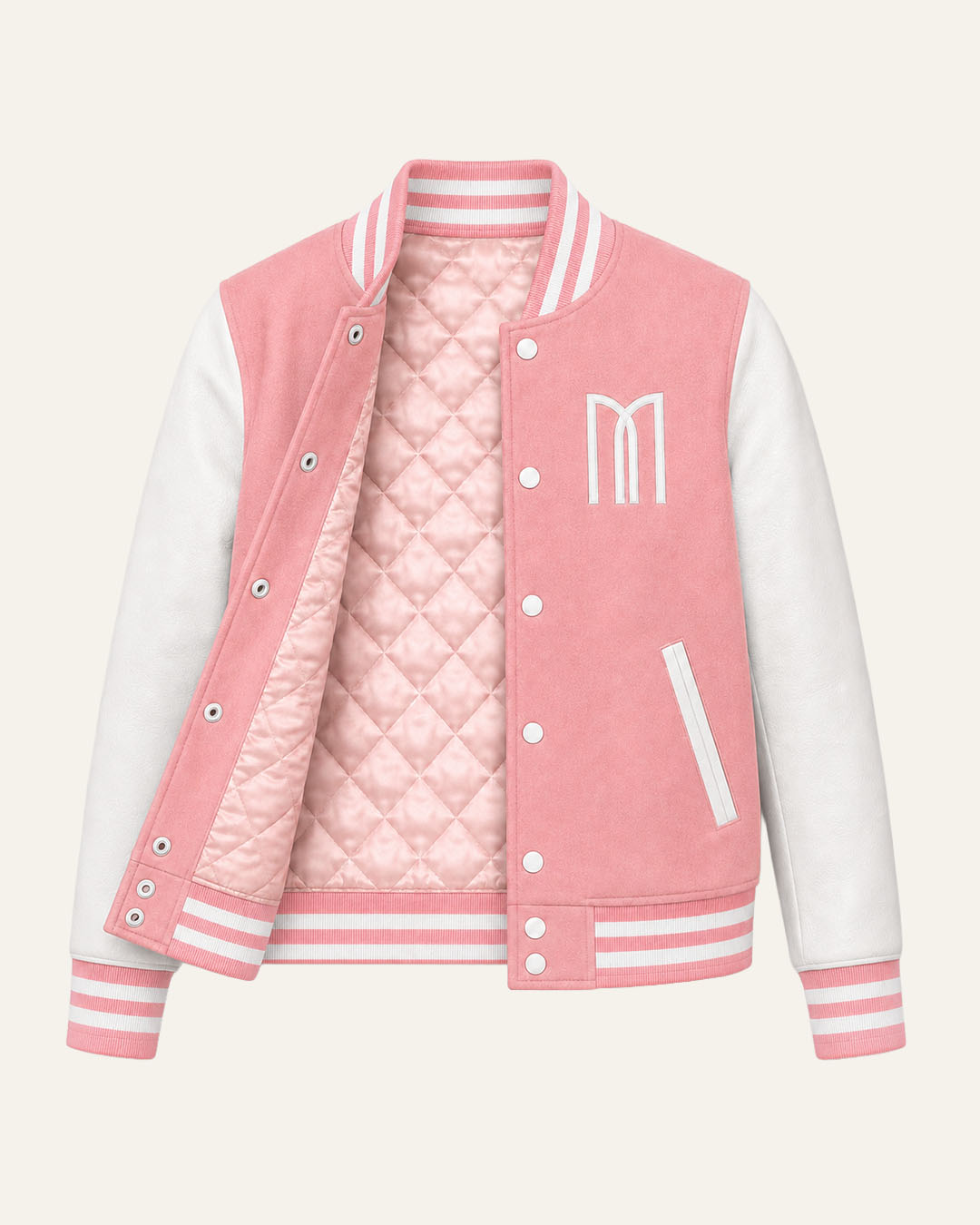 Mohrazi Women's Premium Pink Varsity Jacket Wool Body White Leather Sleeves