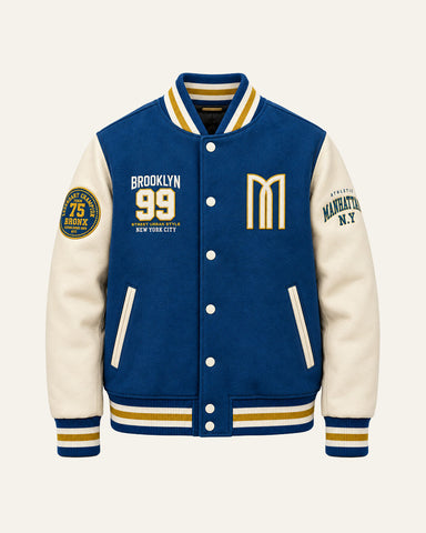 Mohrazi Men's Premium Blue Varsity Jacket Wool Body Cream Leather Sleeves