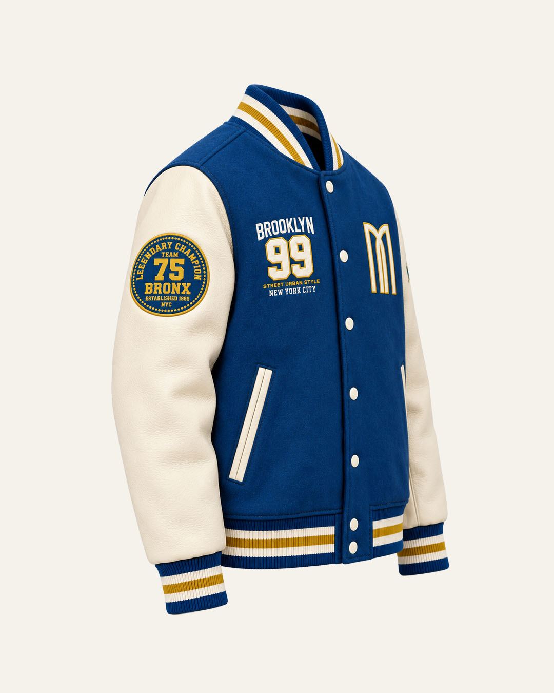 Mohrazi Men's Premium Blue Varsity Jacket Wool Body Cream Leather Sleeves