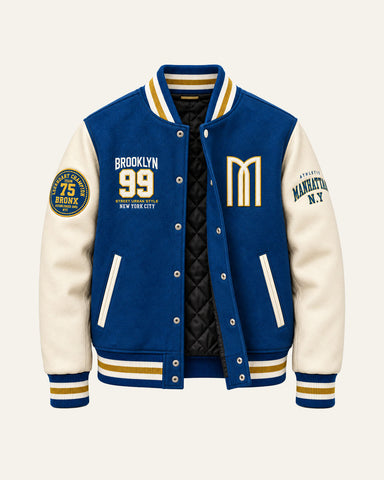 Mohrazi Men's Premium Blue Varsity Jacket Wool Body Cream Leather Sleeves