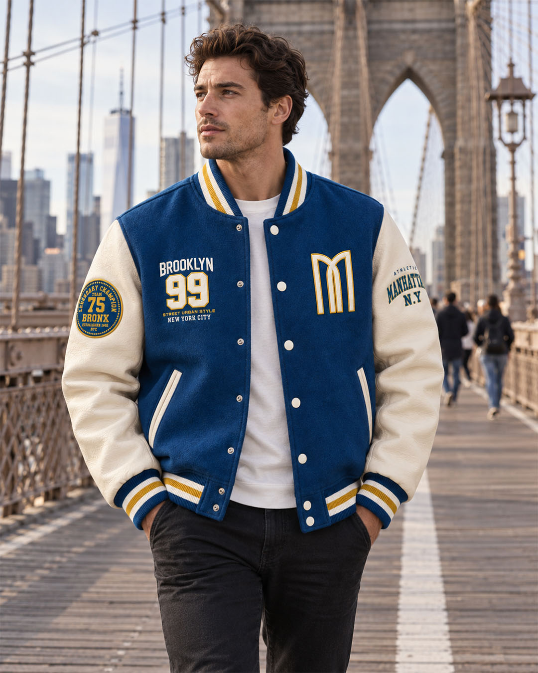 Mohrazi Men's Premium Blue Varsity Jacket Wool Body Cream Leather Sleeves