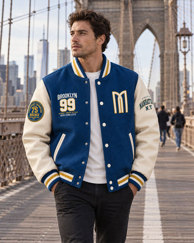 Mohrazi Men's Premium Blue Varsity Jacket Wool Body Cream Leather Sleeves