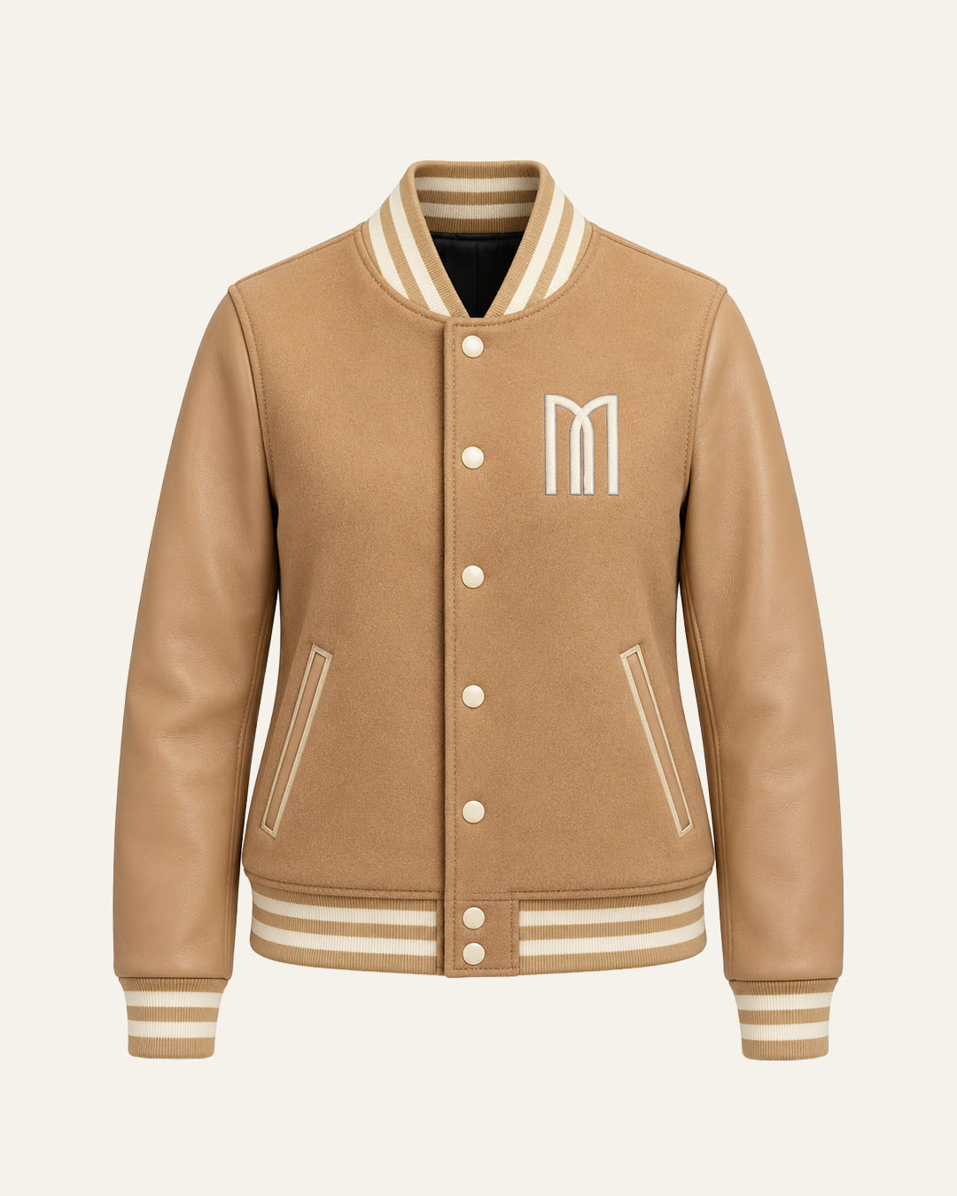 Mohrazi Women's Premium Camel Varsity Jacket Wool Body Camel Leather Sleeves