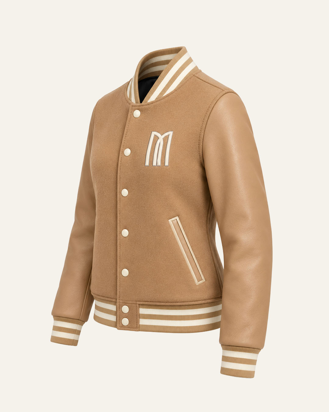 Mohrazi Women's Premium Camel Varsity Jacket Wool Body Camel Leather Sleeves