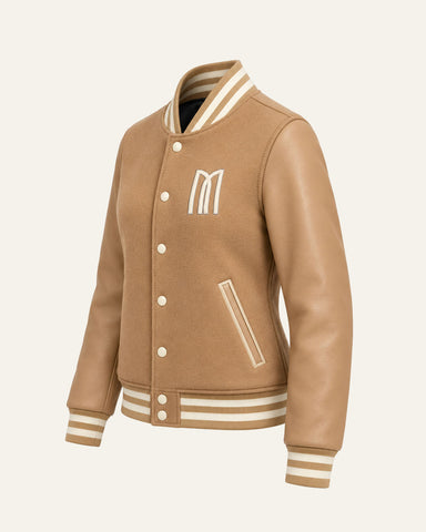Mohrazi Women's Premium Camel Varsity Jacket Wool Body Camel Leather Sleeves