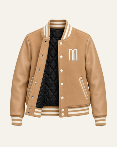 Mohrazi Women's Premium Camel Varsity Jacket Wool Body Camel Leather Sleeves