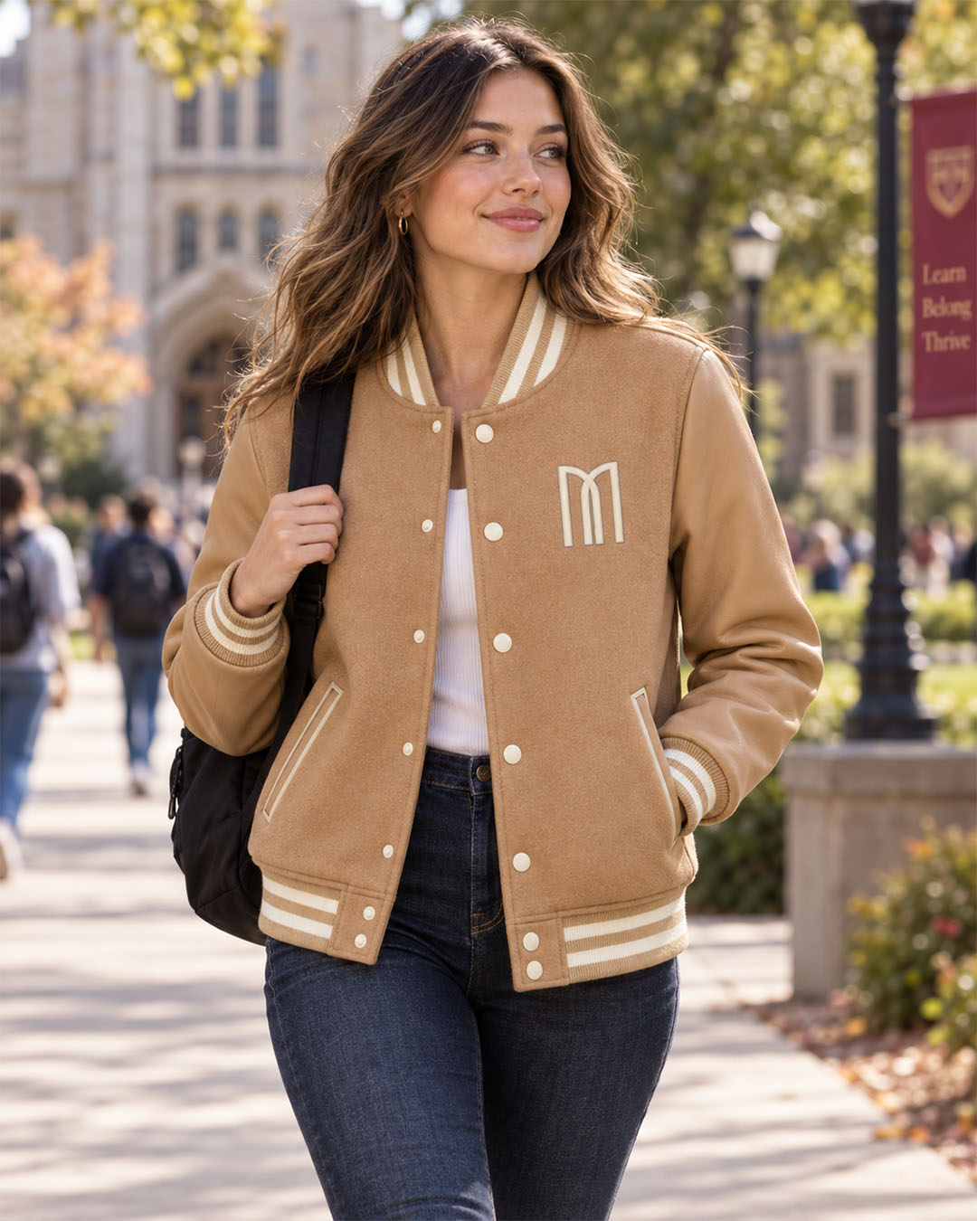 Mohrazi Women's Premium Camel Varsity Jacket Wool Body Camel Leather Sleeves