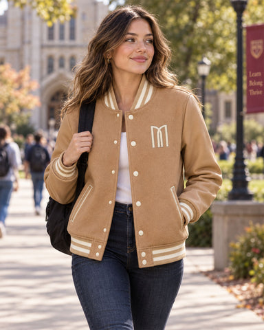 Mohrazi Women's Premium Camel Varsity Jacket Wool Body Camel Leather Sleeves