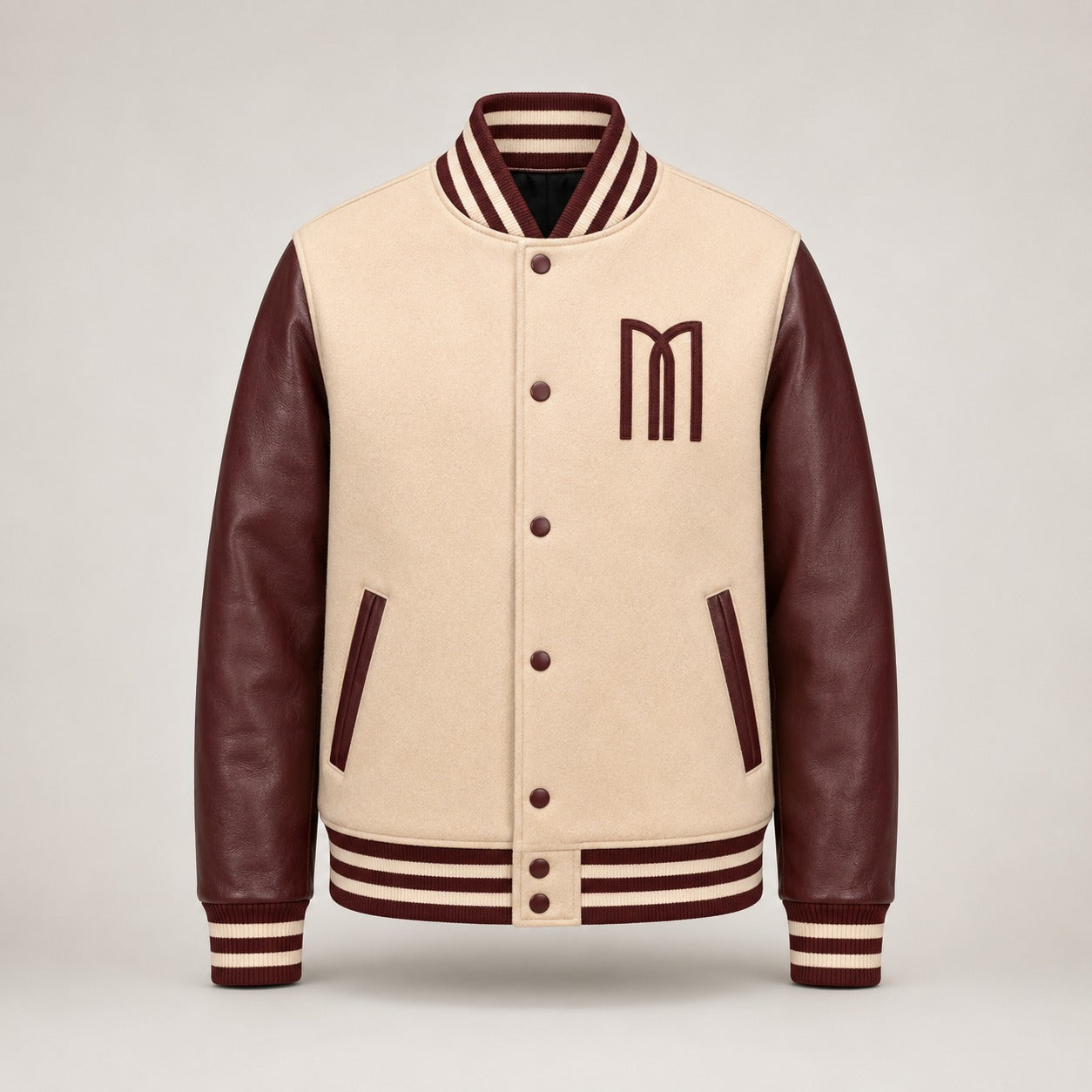Mohrazi Men's Premium Light Cream/Beige Wool Body with Dark Chocolate-brown Genuine Leather Sleeves Varsity Jacket
