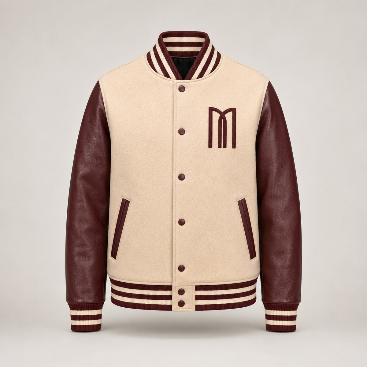 Mohrazi Men's Premium Light Cream/Beige Wool Body with Dark Chocolate-brown Genuine Leather Sleeves Varsity Jacket