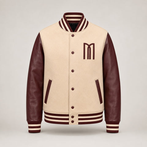 Mohrazi Men's Premium Light Cream/Beige Wool Body with Dark Chocolate-brown Genuine Leather Sleeves Varsity Jacket