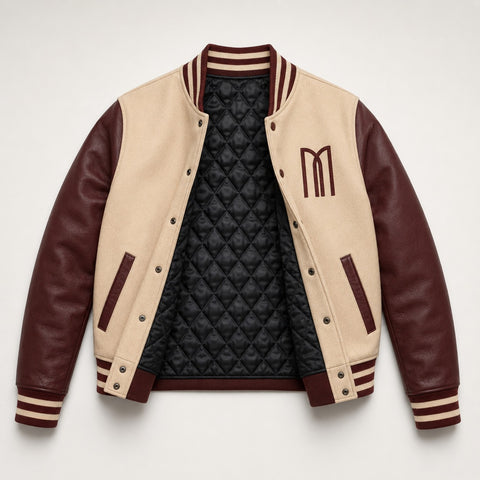 Mohrazi Men's Premium Light Cream/Beige Wool Body with Dark Chocolate-brown Genuine Leather Sleeves Varsity Jacket