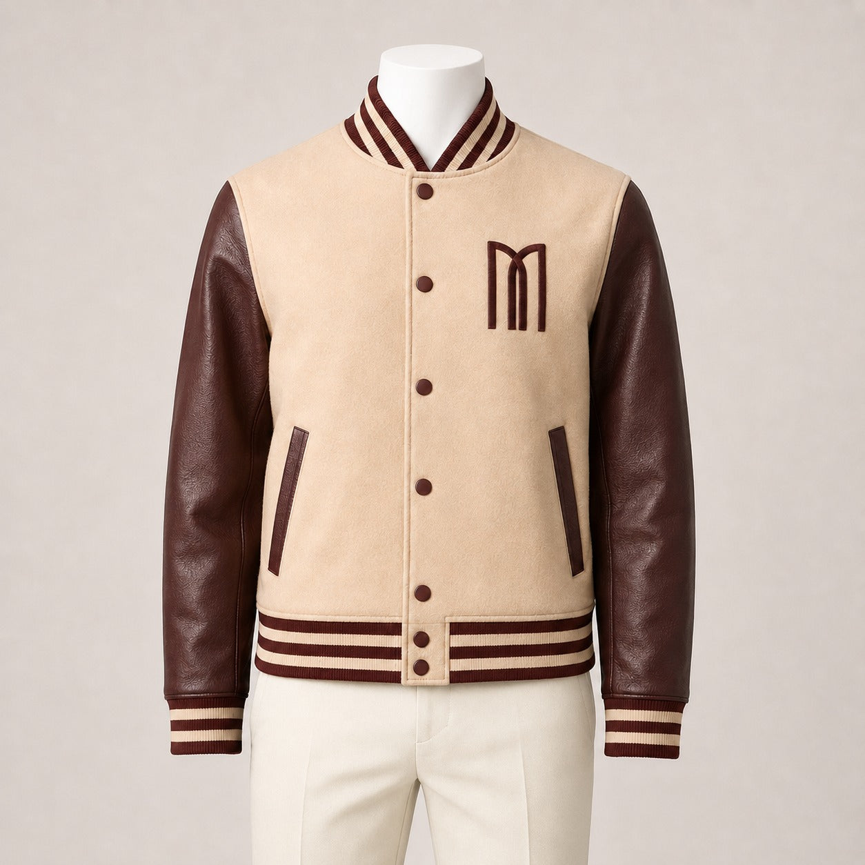 Mohrazi Men's Premium Light Cream/Beige Wool Body with Dark Chocolate-brown Genuine Leather Sleeves Varsity Jacket