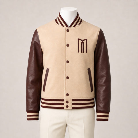 Mohrazi Men's Premium Light Cream/Beige Wool Body with Dark Chocolate-brown Genuine Leather Sleeves Varsity Jacket
