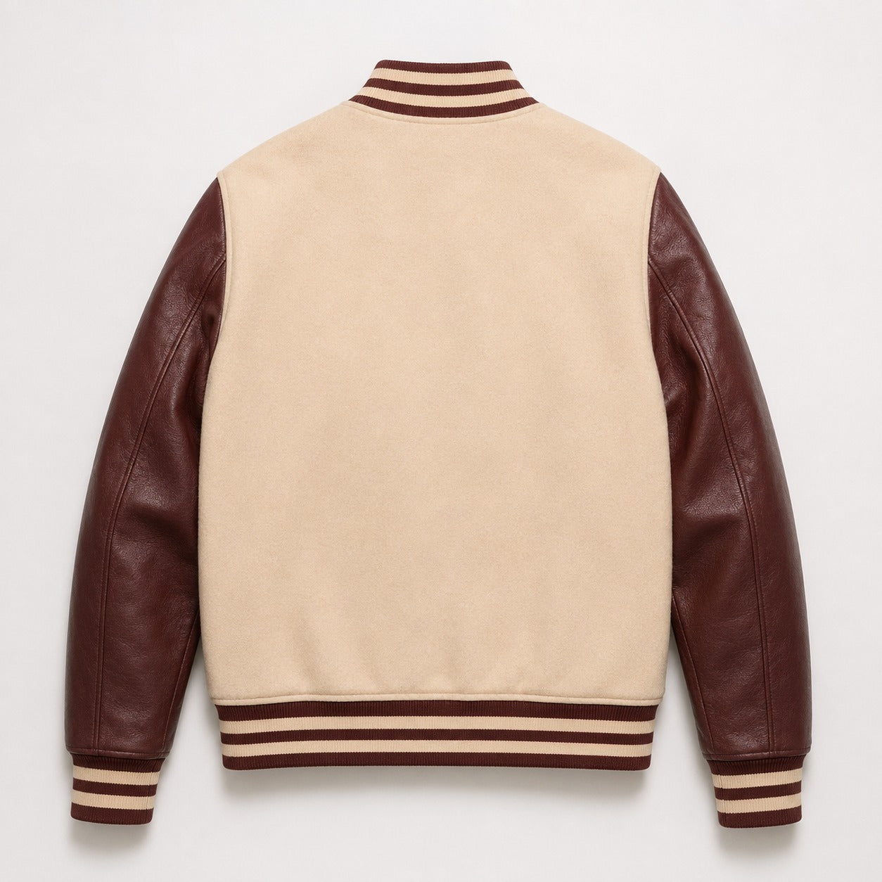 Mohrazi Men's Premium Light Cream/Beige Wool Body with Dark Chocolate-brown Genuine Leather Sleeves Varsity Jacket