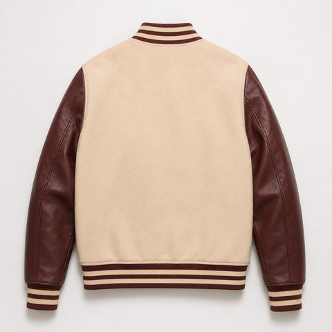 Mohrazi Men's Premium Light Cream/Beige Wool Body with Dark Chocolate-brown Genuine Leather Sleeves Varsity Jacket