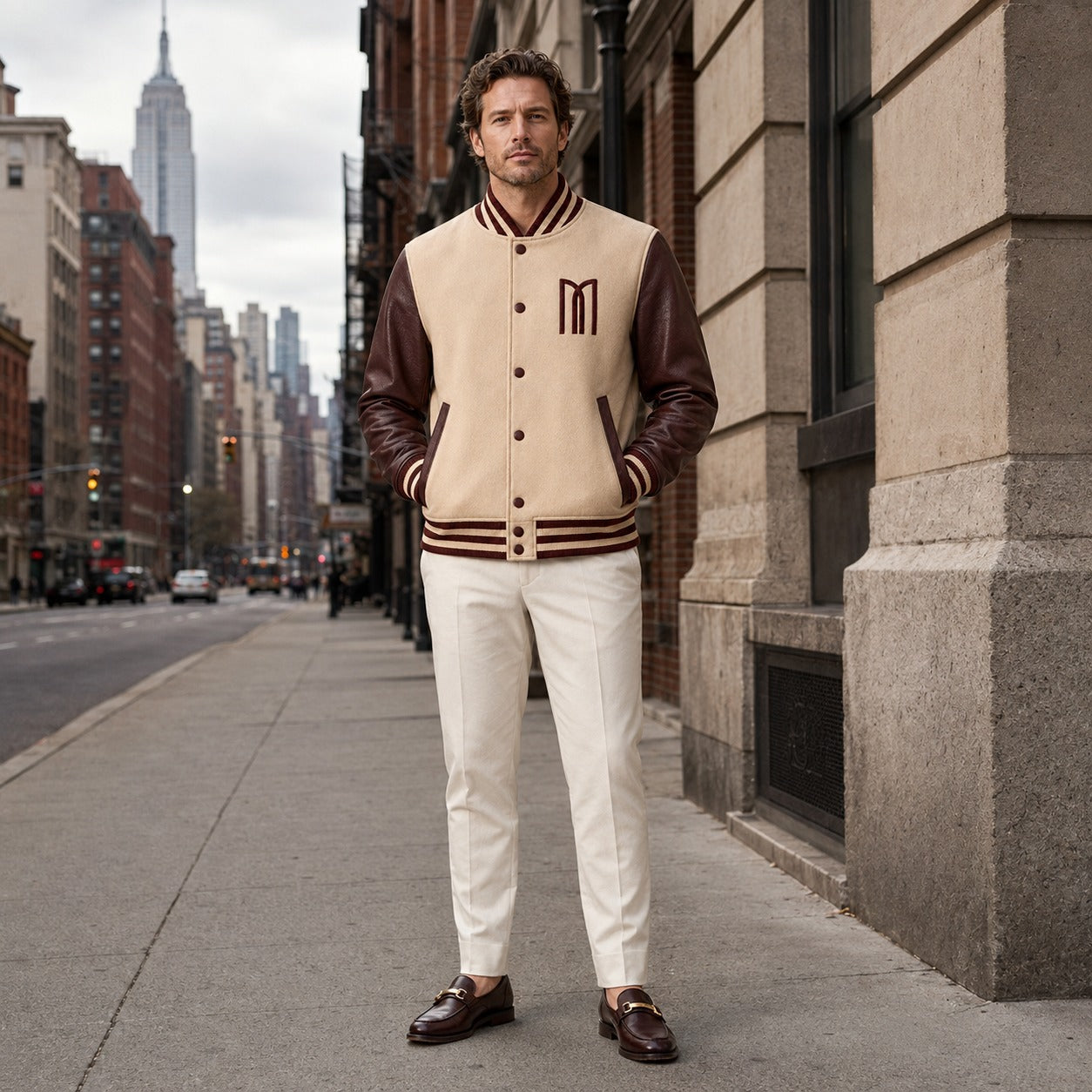 Mohrazi Men's Premium Light Cream/Beige Wool Body with Dark Chocolate-brown Genuine Leather Sleeves Varsity Jacket