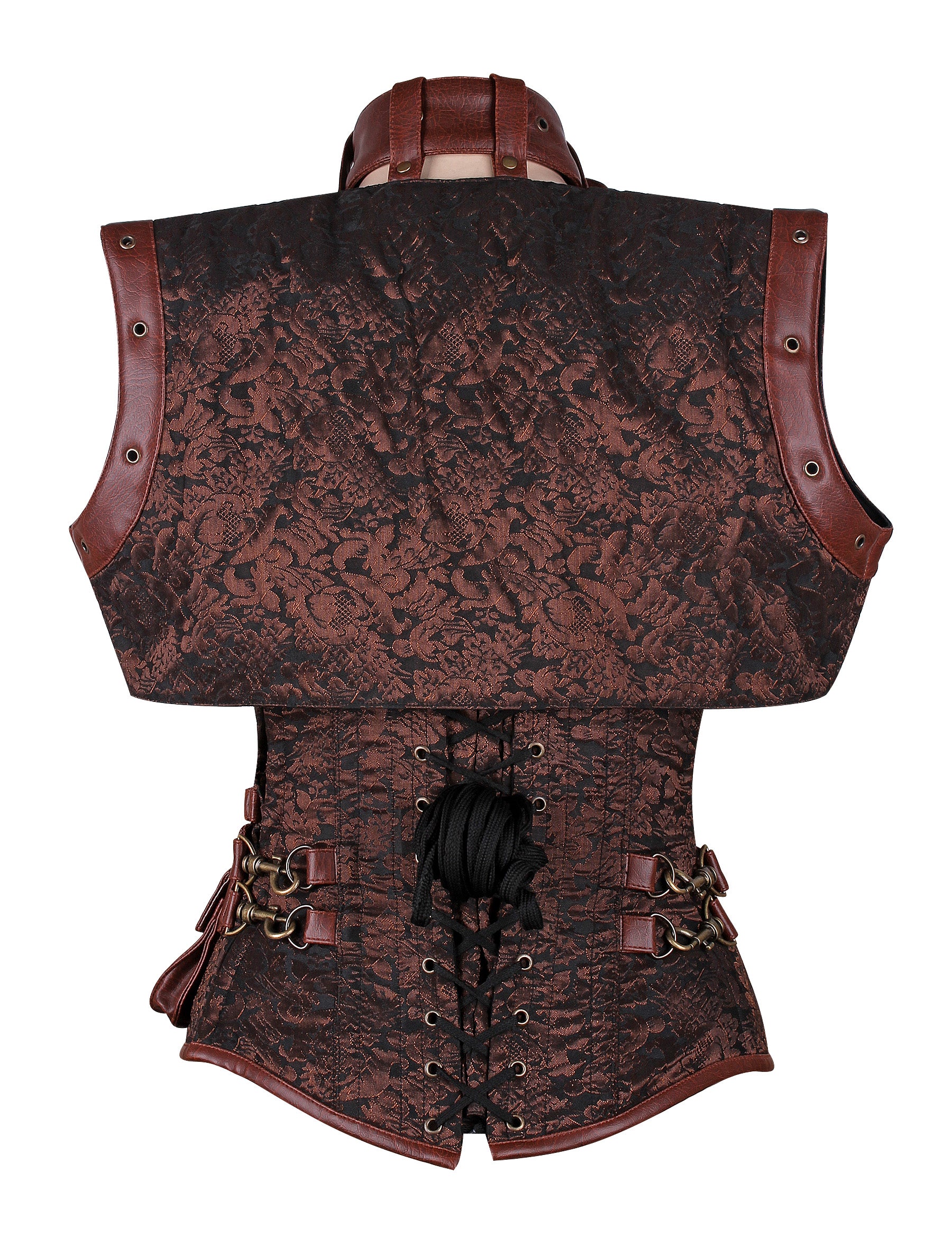 Steampunk Black Brocade and Faux Leather Overbust Corset with Neck Strap and Bolero – Waist Shaping Corset