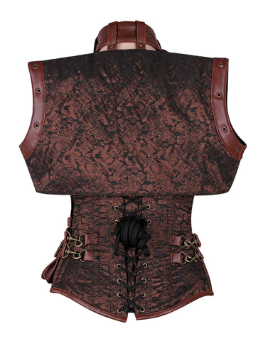 Steampunk Black Brocade and Faux Leather Overbust Corset with Neck Strap and Bolero – Waist Shaping Corset