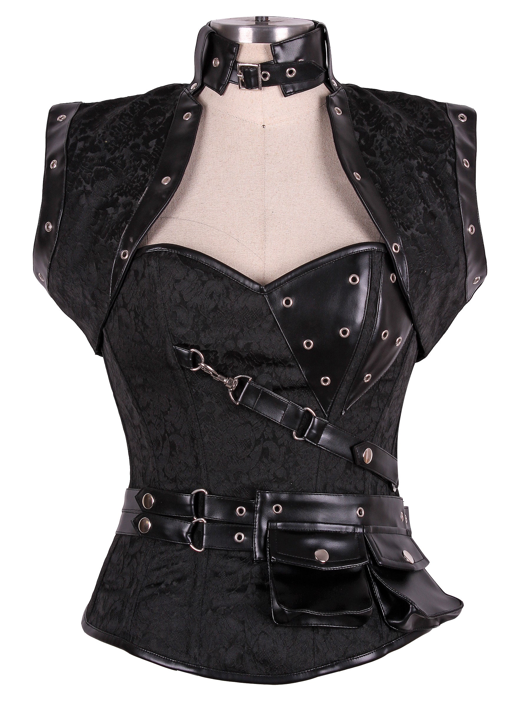 Steampunk Black Brocade and Faux Leather Overbust Corset with Neck Strap and Bolero – Waist Shaping Corset