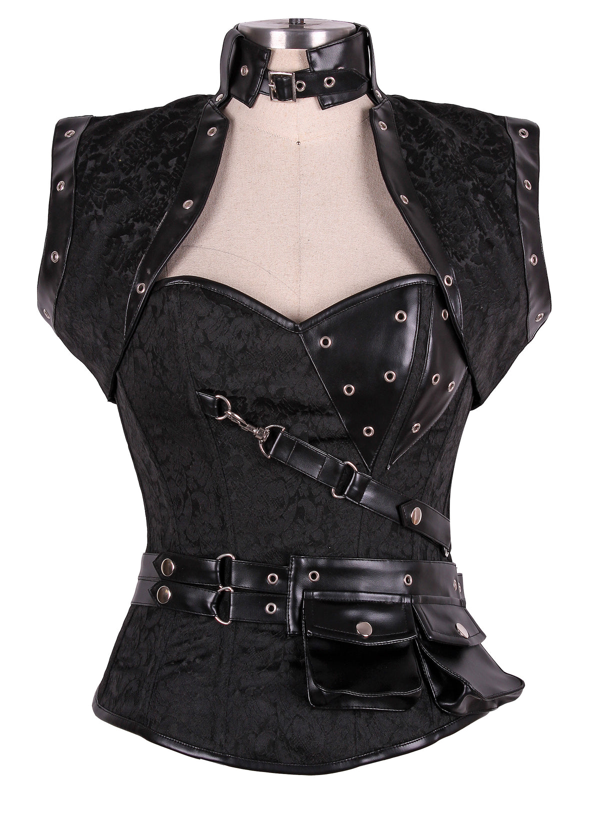 Steampunk Black Brocade and Faux Leather Overbust Corset with Neck Strap and Bolero – Waist Shaping Corset