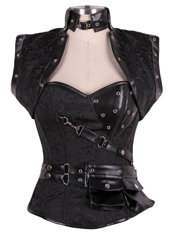 Steampunk Black Brocade and Faux Leather Overbust Corset with Neck Strap and Bolero – Waist Shaping Corset