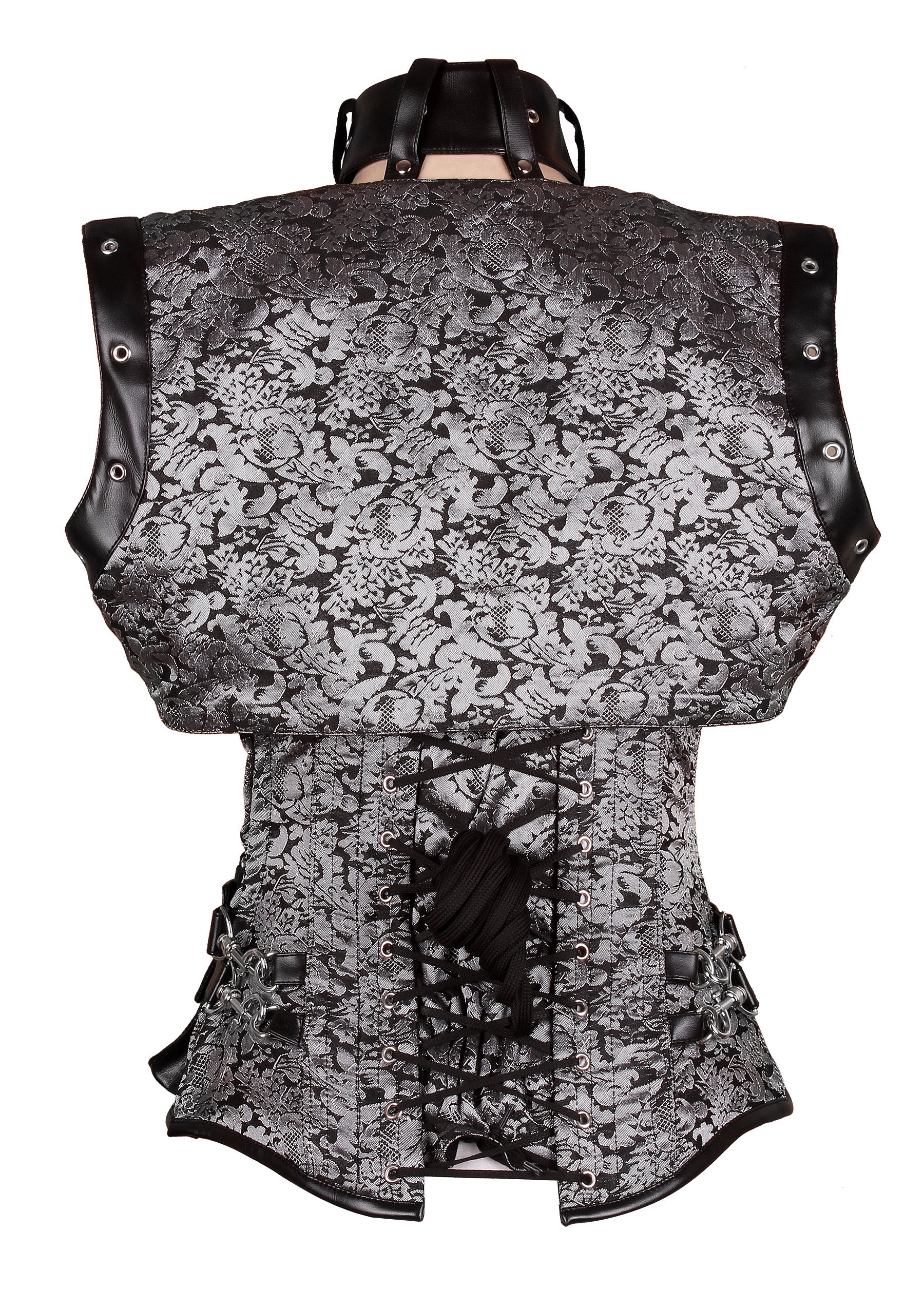 Steampunk Black Brocade and Faux Leather Overbust Corset with Neck Strap and Bolero – Waist Shaping Corset