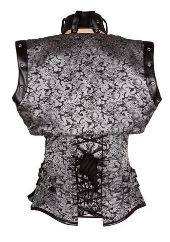Steampunk Black Brocade and Faux Leather Overbust Corset with Neck Strap and Bolero – Waist Shaping Corset