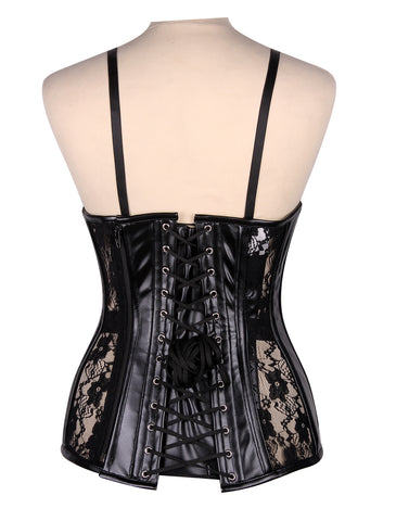 Elegant Overbust Underwire Faux Leather Corset with Sheer Lace and Adjustable Shoulder Straps – Sculpted Waist Corset