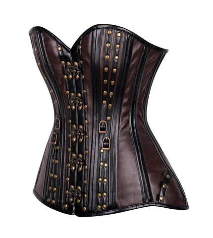 Heavy-Boned Overbust Curvy Corset in High-Quality Faux Leather with Bronze Hardware – Waist Shaping Corset