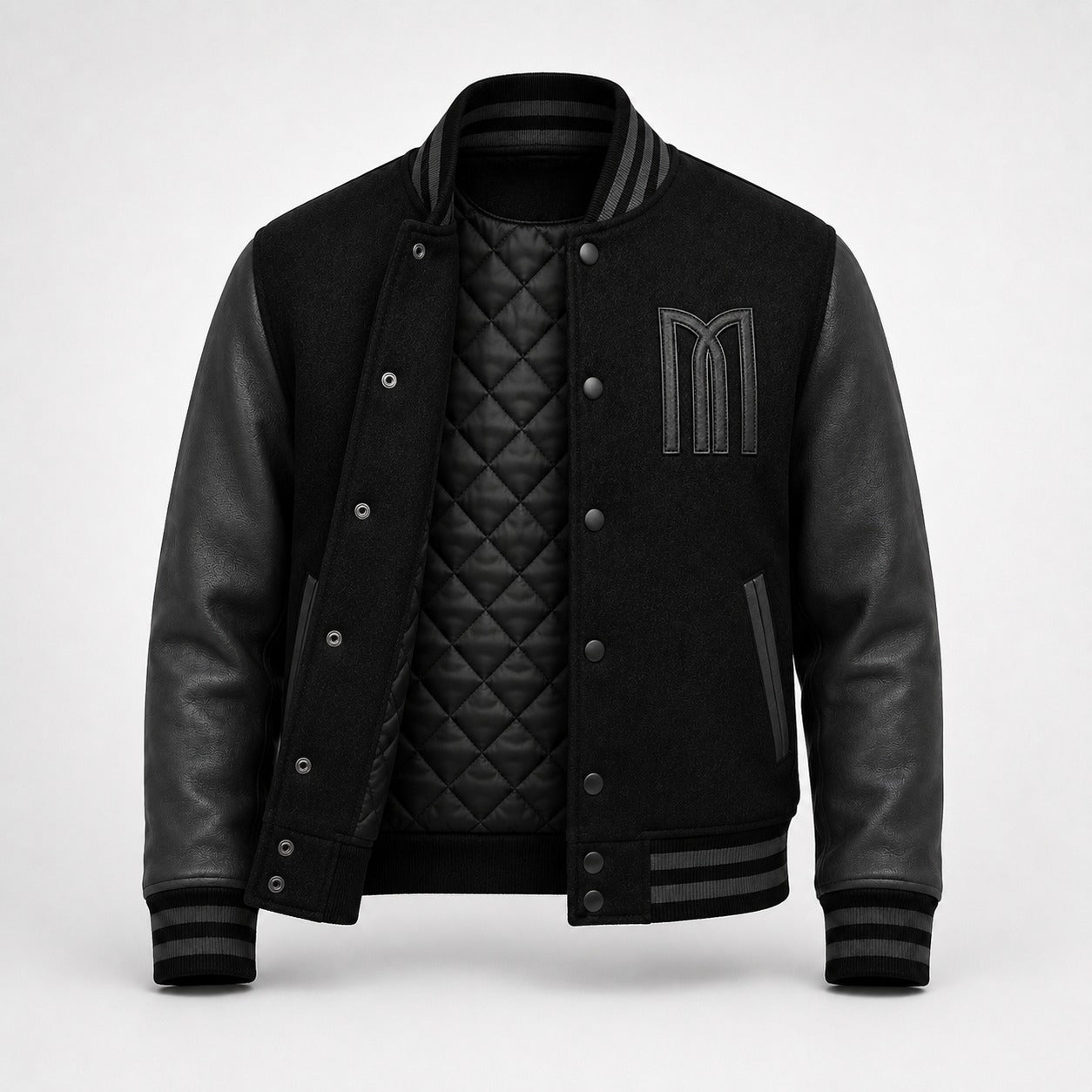 Mohrazi Men's Premium Black Varsity Jacket Wool Body Genuine Leather Sleeves