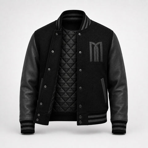 Mohrazi Men's Premium Black Varsity Jacket Wool Body Genuine Leather Sleeves