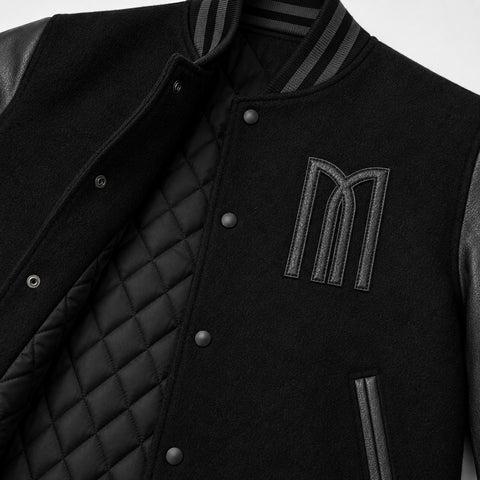Mohrazi Men's Premium Black Varsity Jacket Wool Body Genuine Leather Sleeves