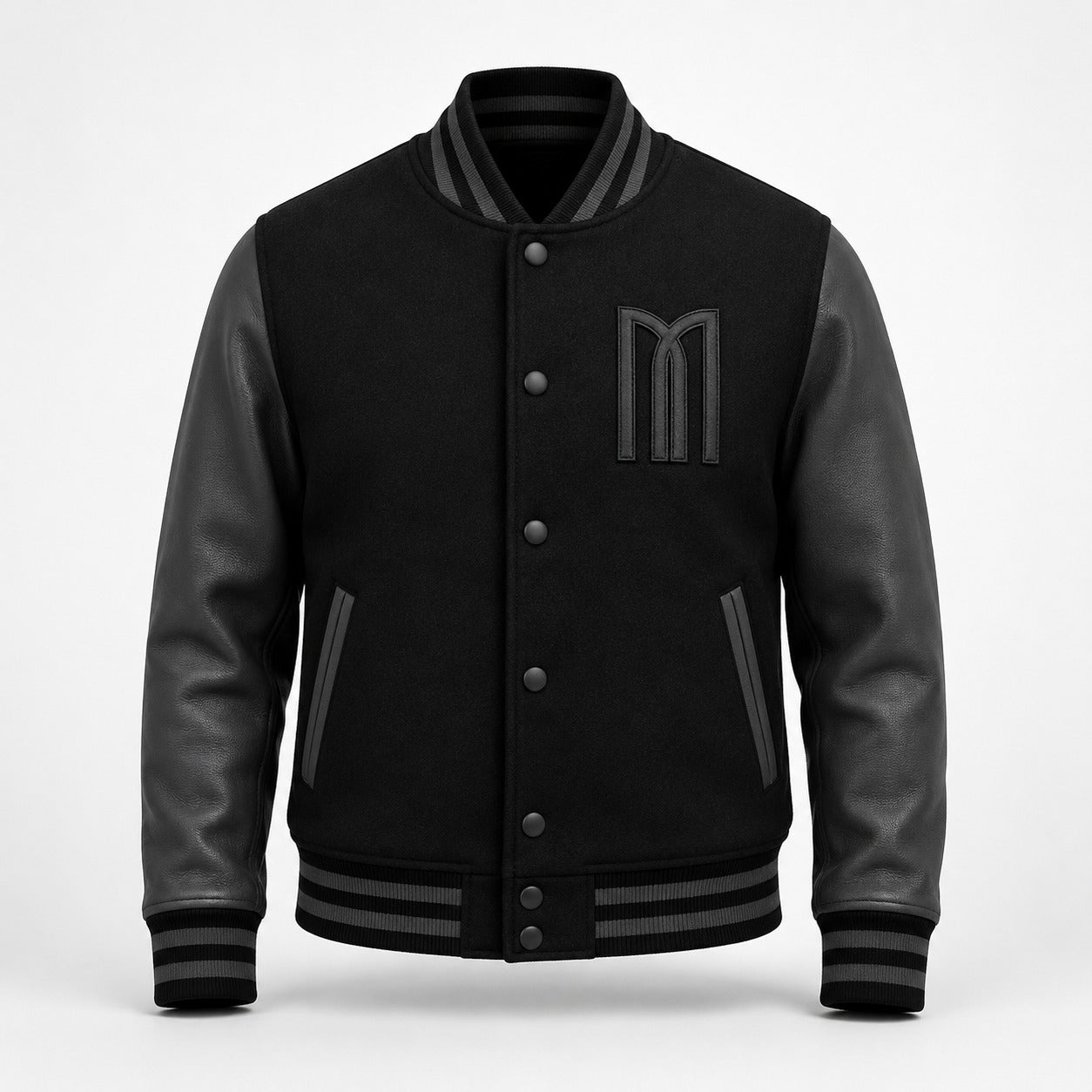Mohrazi Men's Premium Black Varsity Jacket Wool Body Genuine Leather Sleeves