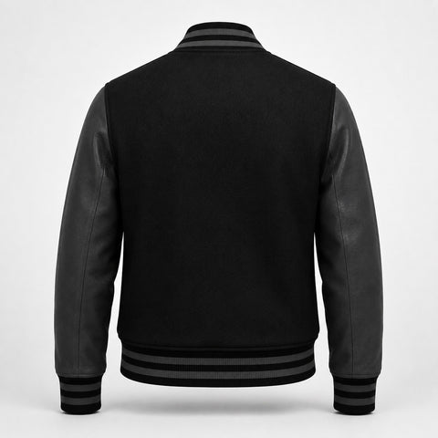 Mohrazi Men's Premium Black Varsity Jacket Wool Body Genuine Leather Sleeves
