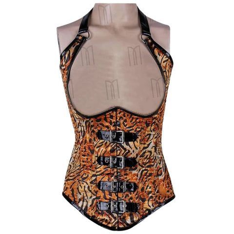 Underbust Halter Neck Corset in Animal Print with Patent Trims