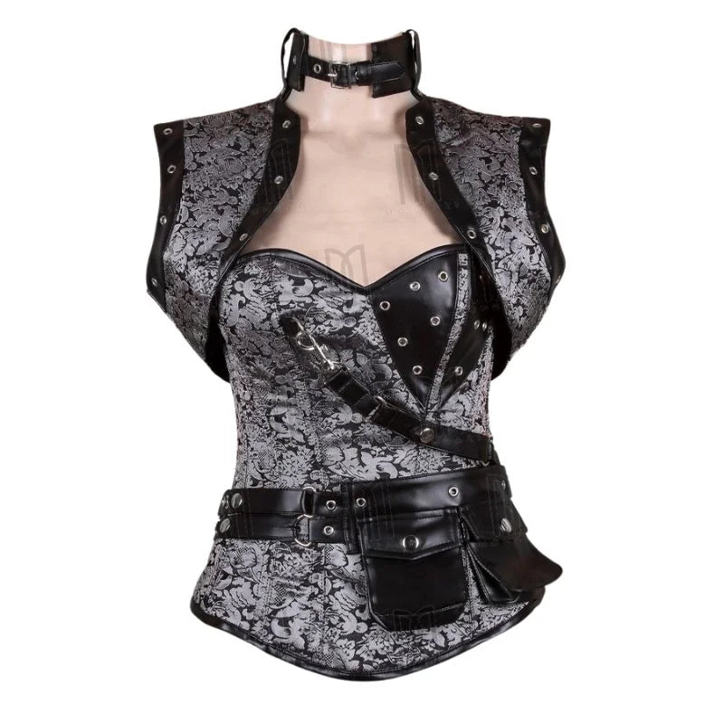Steampunk Black Brocade and Faux Leather Overbust Corset with Neck Strap and Bolero image 2