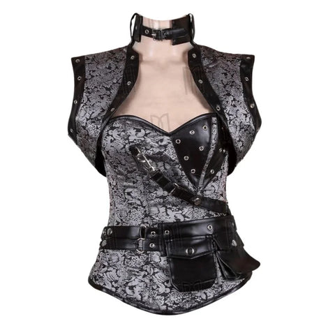 Steampunk Black Brocade and Faux Leather Overbust Corset with Neck Strap and Bolero image 2