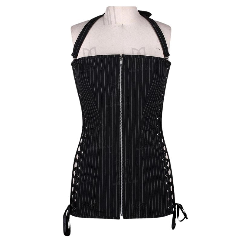 Chic and Structured Pinstripe Short Overbust Corset Dress with Side Lacing and Halter Neck Belt image 0