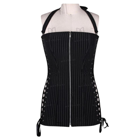 Chic and Structured Pinstripe Short Overbust Corset Dress with Side Lacing and Halter Neck Belt image 0