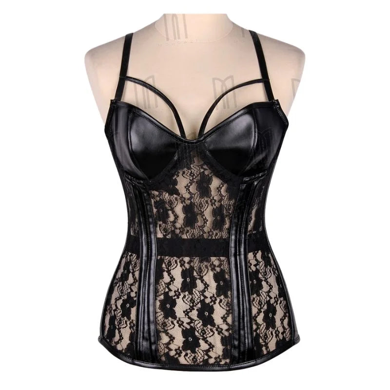 Elegant Overbust Underwire Faux Leather Corset with Sheer Lace and Adjustable Shoulder Straps image 0