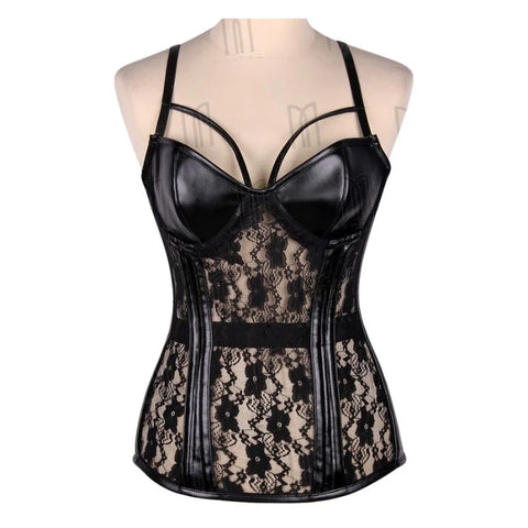 Elegant Overbust Underwire Faux Leather Corset with Sheer Lace and Adjustable Shoulder Straps image 0