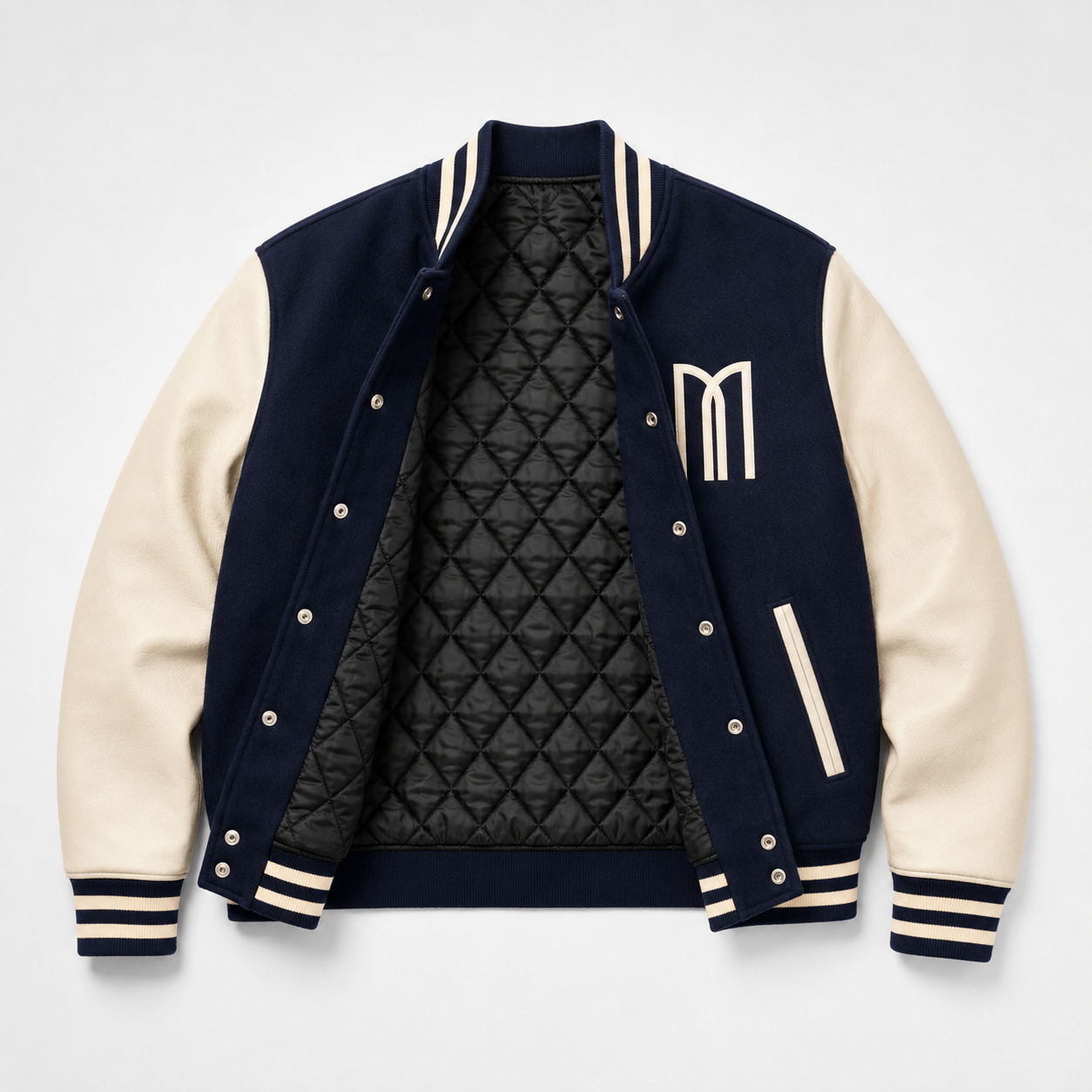 Mohrazi Men's Premium Navy Varsity Jacket Wool Body Cream Leather Sleeves