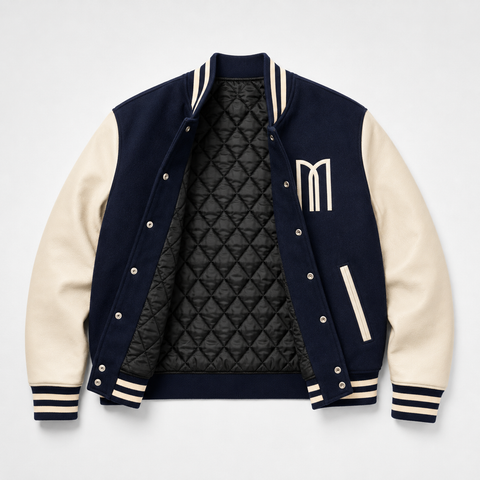 Mohrazi Men's Premium Navy Varsity Jacket Wool Body Cream Leather Sleeves