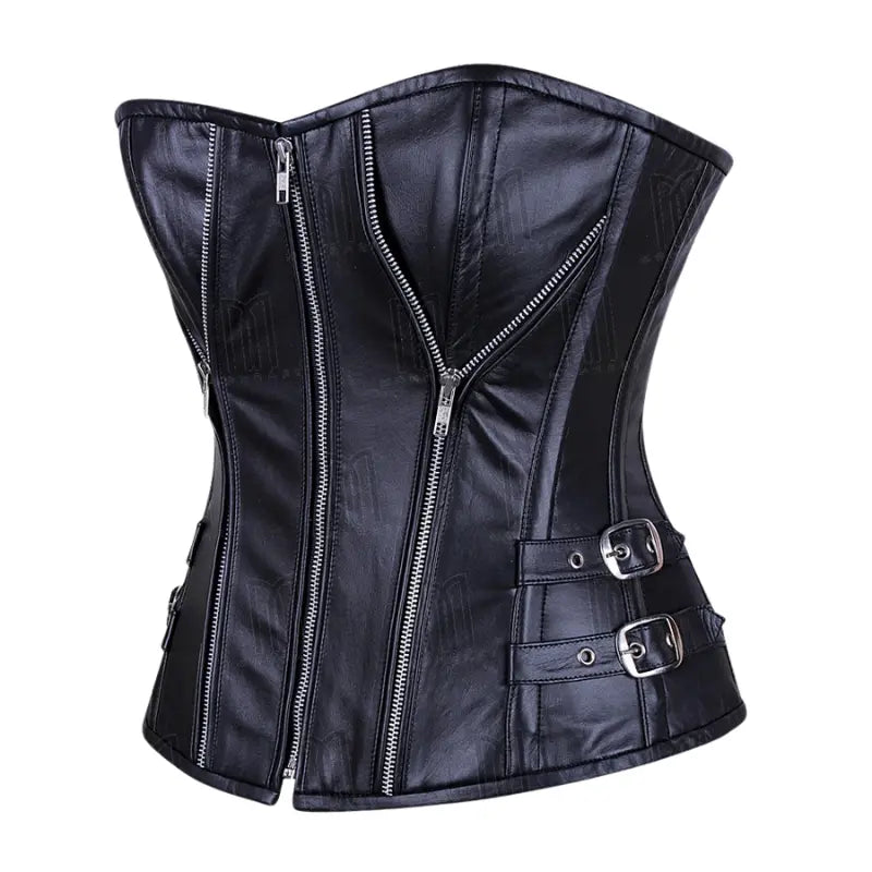 Bold 3-Layer Leather Steel Boned Overbust Corset with Spiral Boning and Silver Zipper - Black image