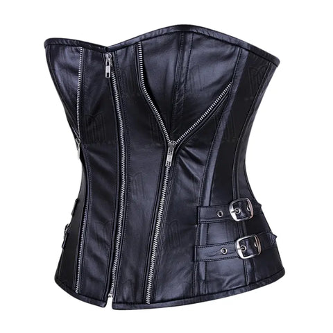 Bold 3-Layer Leather Steel Boned Overbust Corset with Spiral Boning and Silver Zipper - Black image